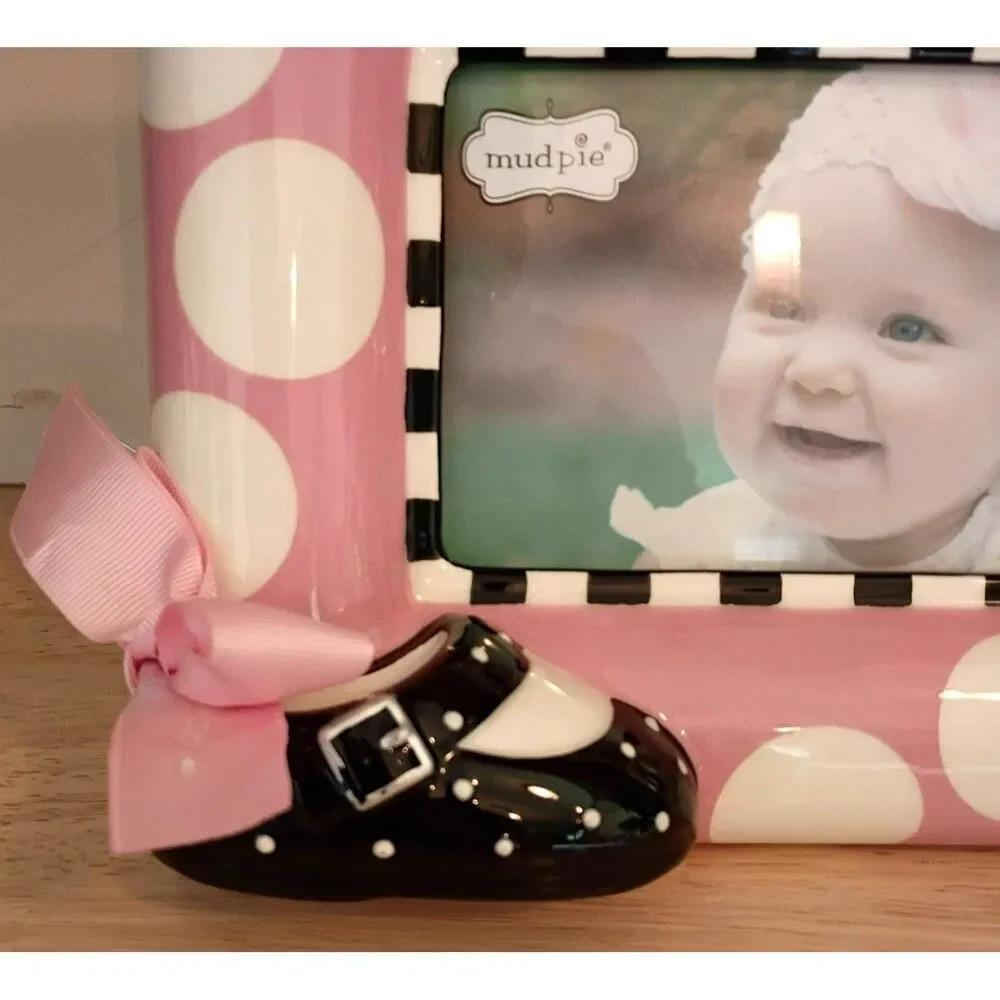 Mudpie Ceramic Baby Girl Photo Picture Frame Pink Polka Dot Bootie Nursery Deco